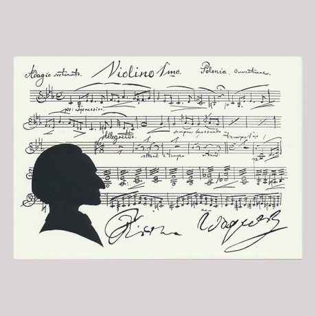 
        Front of silhouette, with man looking right, in the background musical stave.